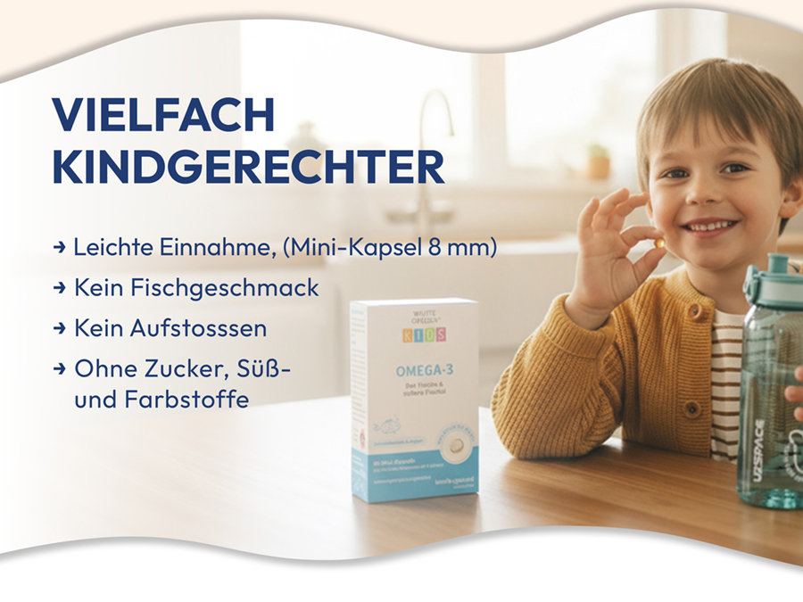 Box mit White Omega Kids Omega-3. Text: Omega-3, das frische & sichere Fischöl. 3x90 Mini-Kapseln. Kindgesund-Logo.